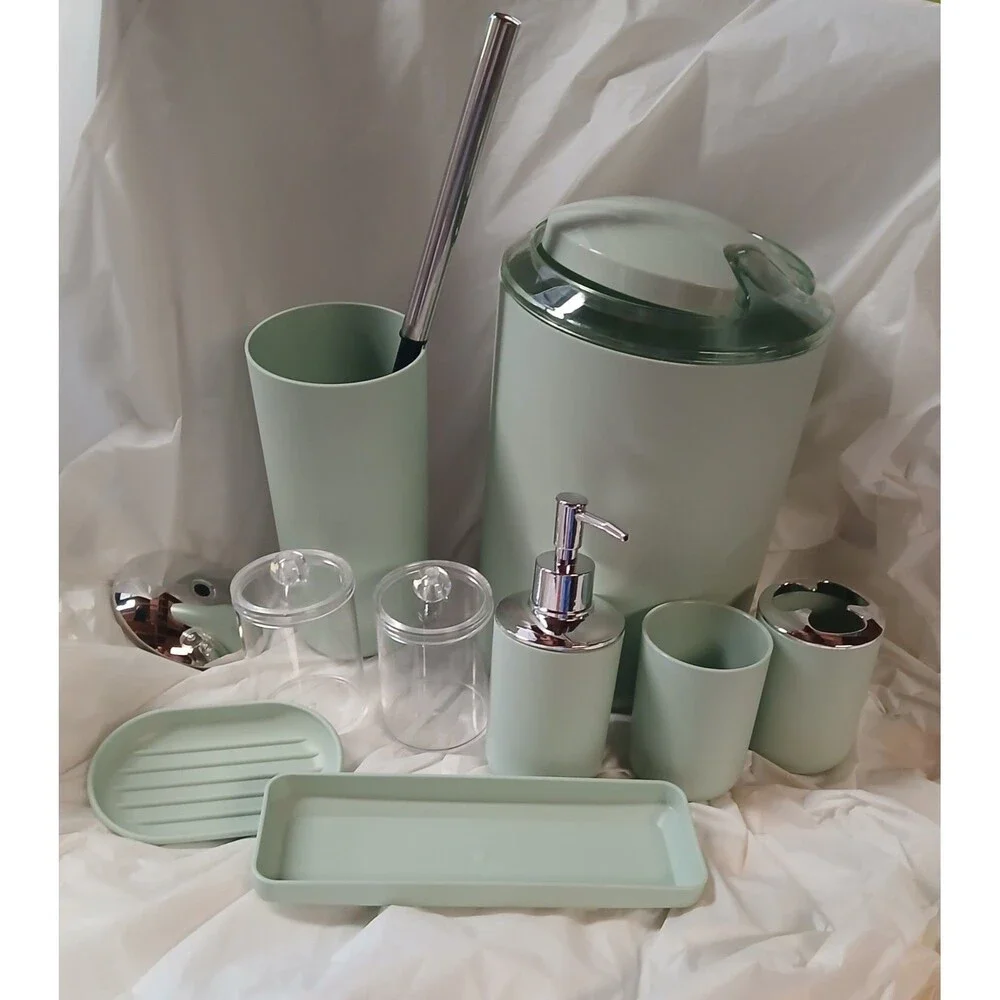 Mint Green Modern Plastic Bathroom Accessory Set 10pc w/ Soap Disp, Brush